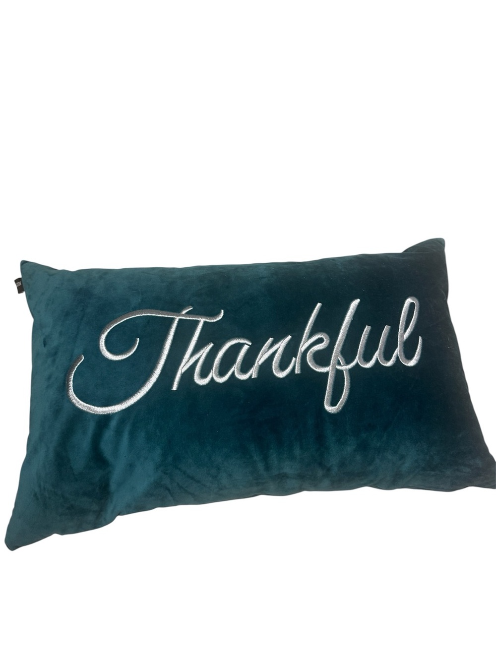 Thankful pillow Embroidered Teal velvet Decorative Pillow natural feather fill